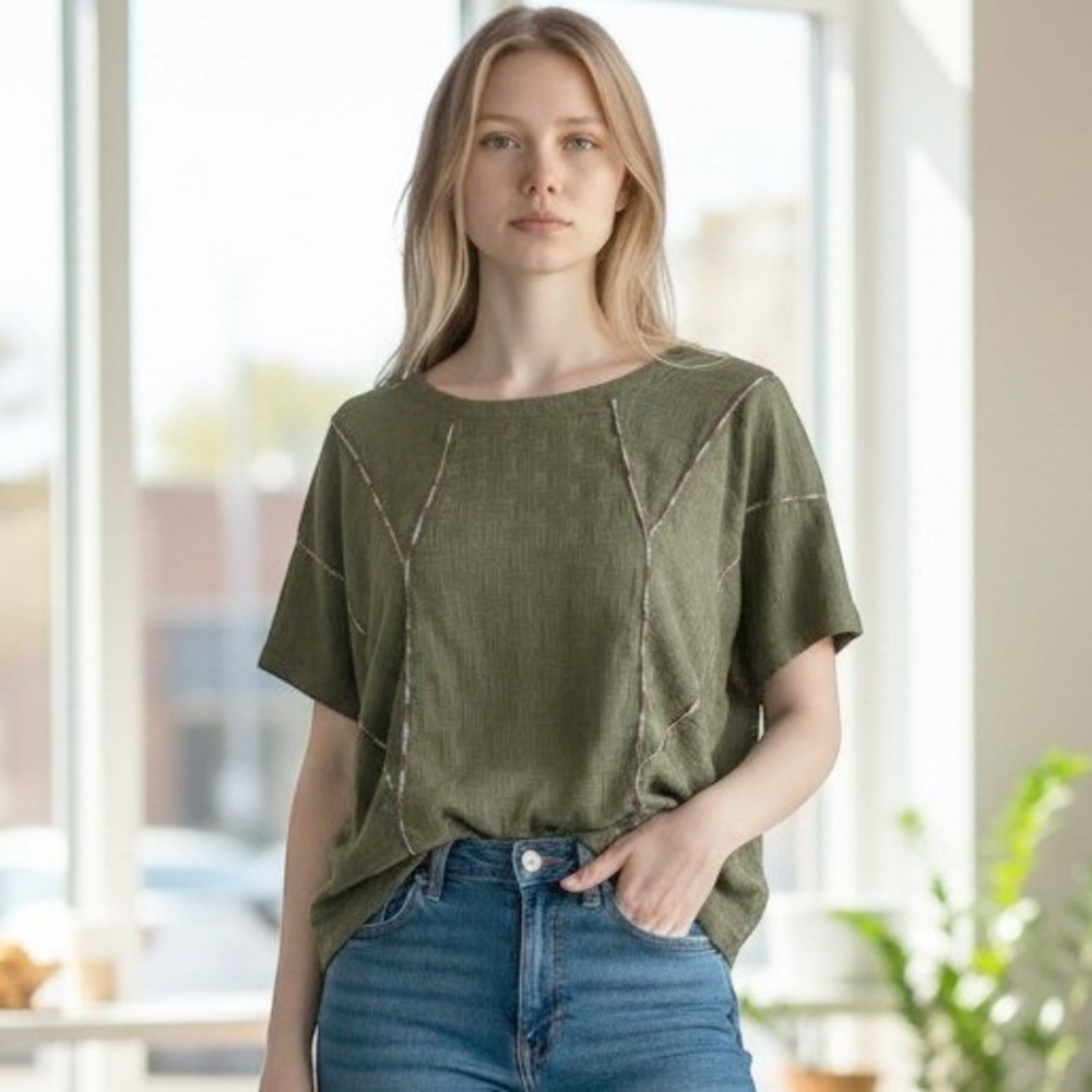 GiGiO Women Top SM Olive Green Textured Boxy Short Slv Blouse Lagenlook Cottage